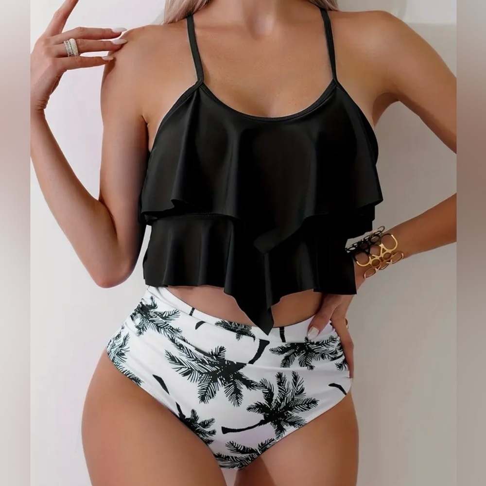 Palm Tree Ruffled High Waisted Tummy Control Tankini Set - Picture 6 of 9